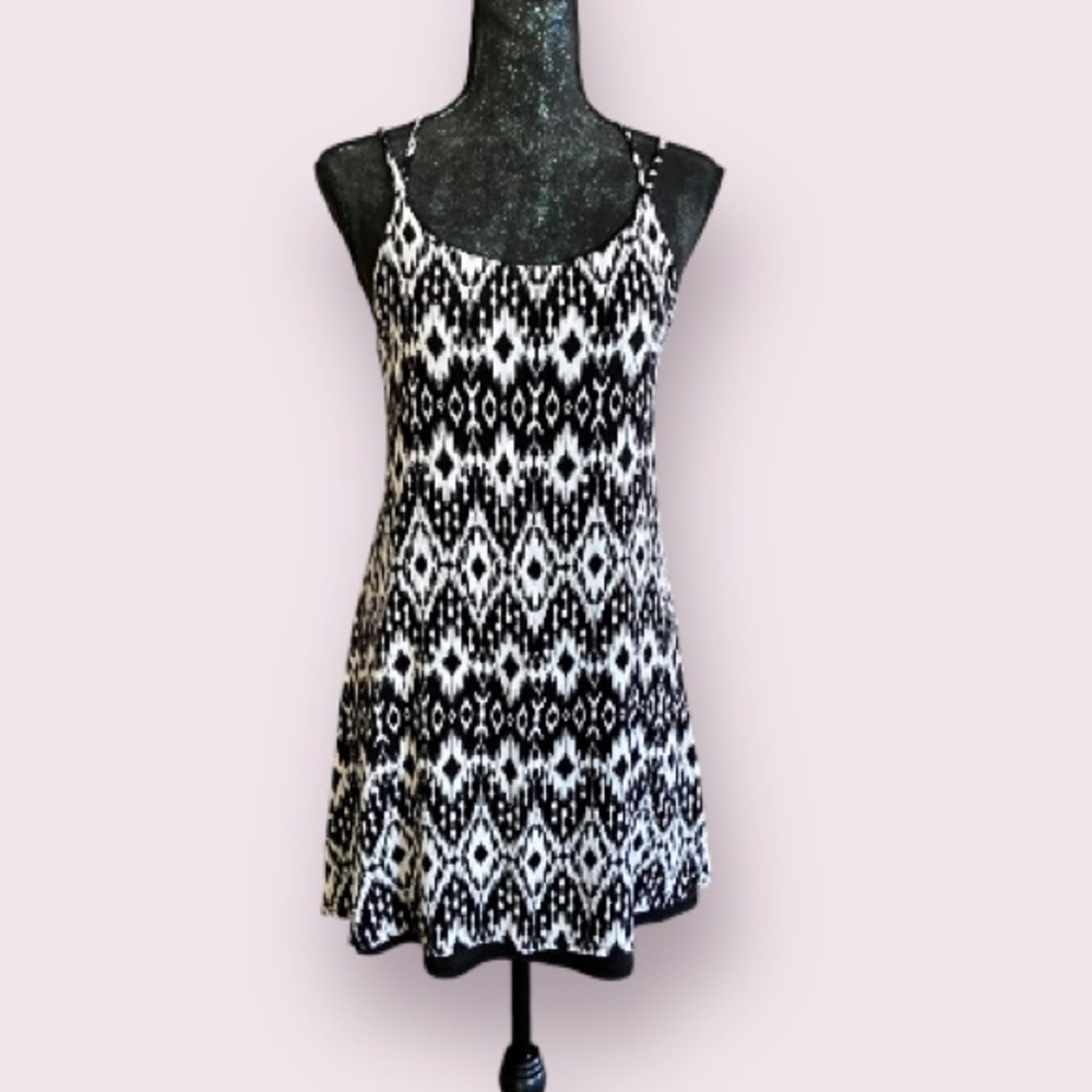 Rebellious One Black and White Geometric Print Sundress w/ Criss Cross Back
